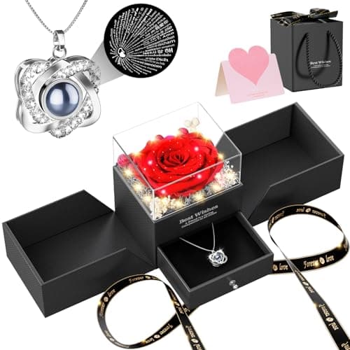Preserved Red Rose Necklace with I Love You Heart - Forever Flowers Romantic Gifts for Women Mom Wife Girlfriend Grandma, Perfect for Valentine's Day Mother's Day Christmas Anniversary Birthday - Image 1