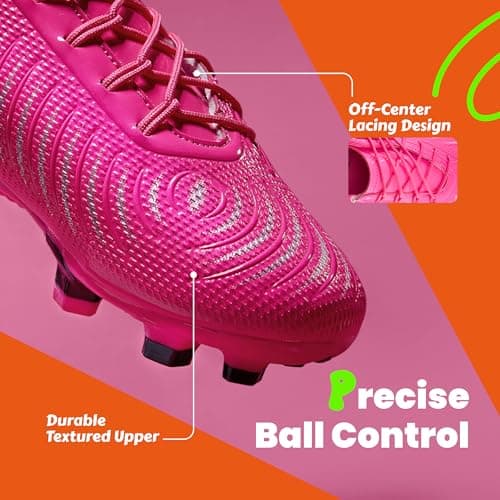 PATPAT Kids Soccer Cleats – Outdoor Firm Ground and Turf Football Training Shoes for Little Big Boys and Girls, Hot Pink/Black Sizes 4 - Thumbnail 4