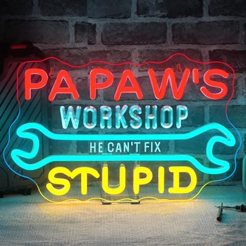 Workshop Neon Sign Garage Neon Signs for Wall Decor Wrench Led Lights He Cant Fix Stupid Light Up for Papas Garage Carport Man Cave Repair Shop Decoration DIY Lovers Gifts - Image 1