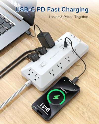 6 Ft Surge Protector Power Strip with 1800J, Extension Cord with Multiple Outlets 12AC+4USB(2USB-C Port for 20W), Flat Plug Outlet Extender with 1625W/13A for Laptop, Desk, Home Office Dorm - Thumbnail 2