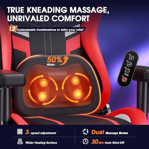 Douxlife 3D Kneading Massage Gaming Chair with Footrest, 400lbs Heavy Duty PC Computer Desk Chair for Adults, Adjustable 2D Armrests, Ergonomic 175° Recline & Optional Heat, Black&Red - Thumbnail 4
