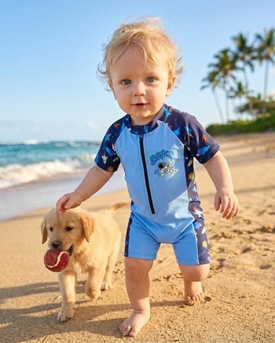DivingBirds Toddler Boy Rash Guard Swimsuit Short Sleeve,Baby Boy One Piece Swimwear Sun Protection Bathing Suit,Blue Rocket,3-6 Months - Thumbnail 3