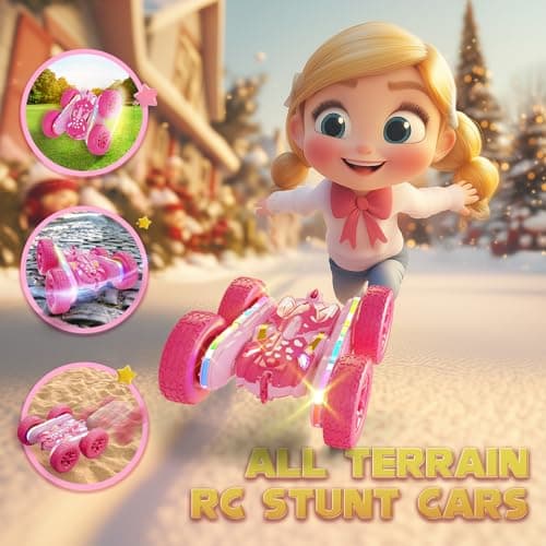 Terucle Remote Control Car for Girls, Pink RC Cars Stunt RC Car Girl Toys for Girls Double-Sided 360° Rotating with Headlights 4WD Kid Toys for Birthday Gifts (Pink) - Thumbnail 5