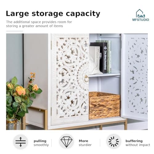 MFSTUDIO Wood Accent Storage Cabinet with 2 Doors, Distressed Storage Cabinet Buffet Sideboard Display Cabinets with Hollow Carved Floral Pattern for Living Room Entryway, Metal Base,White - Thumbnail 5