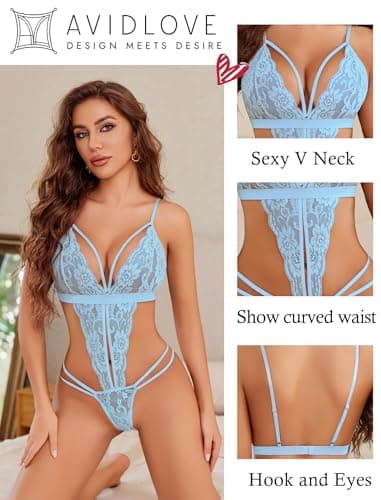 Avidlove Plus Size Underwear for Women One Piece Teddy Lingerie V Neck Sexy Nightie(Light Blue, XX-Large) - Thumbnail 2