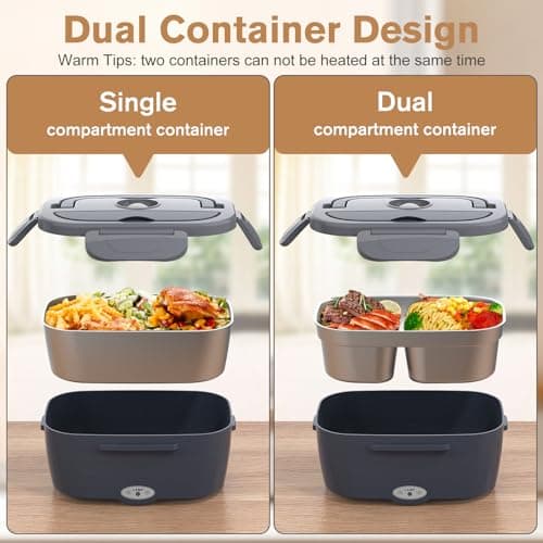 Vabaso Electric Lunch Box for Adults, 80W Heated Lunch Box with Dual 1.5L Stainless Steel Containers, Portable Food Warmer for Men Work Car Truck, 12V/24V/110V/220V - Eternal Gray - Thumbnail 2