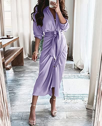 BTFBM Summer Dresses for Women 2026 Long Sleeve V Neck Button Down Elegant Belted Ruched Satin Silk Shirt Fall Dress(Purple, Medium) - Thumbnail 2