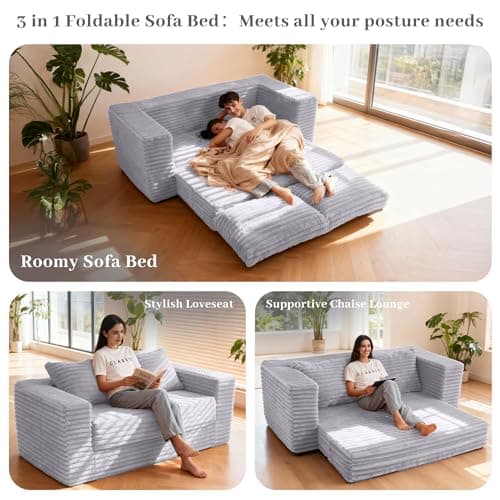 HABUTWAY Convertible Folding Sofa Bed Couch,3 in 1 Pull Out Couch Bed,Loveseat Sleeper Sofa Bed,Boneless Couches with Pillows for Living Room Bedroom, Light Grey - Thumbnail 4