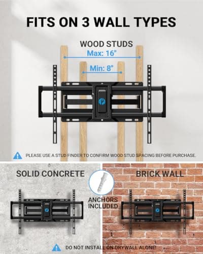 Pipishell Full Motion TV Wall Mount for 42-85 inch LED TVs up to 132lbs, Fits 65 75 Inch Swivel TV Mount Bracket with Articulating Arms, Max VESA 600x400mm, Fits 12” 16" Wood Studs - Thumbnail 3