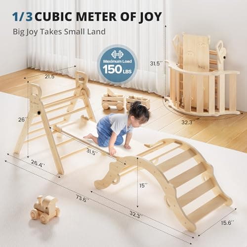 BlueWood Pikler Triangle Set, Toddler Wooden Climbing Toys Indoor 7in1 Climber, Foldable Kids Climbing Toys, Montessori Play Jungle Gym with Arch, Ramp, Ladder (Natural) - Thumbnail 2