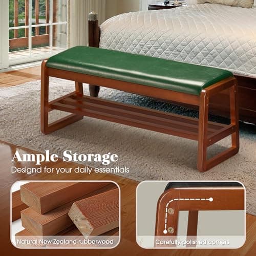 HABUTWAY Solid Wood Shoe Rack, Entryway Shoe Bench with Cushion, 2 Tier Shoes Organizer for Entryway, Hallway, Living Room-(Green,39.37"-L) - Thumbnail 4
