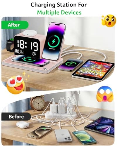 Acer 7-in-1 Wireless Charging Station with LED Clock - 30W Fast Wireless Charger for iPhone 16/15/14/13/12/Pro Max, Apple Watch, AirPods - Bluetooth Auto Time Sync & Night Lights (Pink) - Thumbnail 4