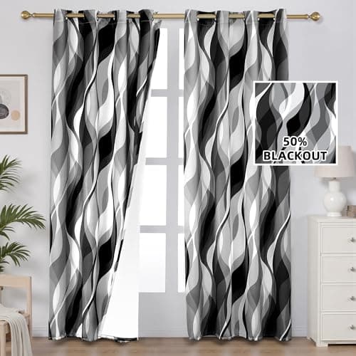 weesire Black and Grey Curtains Modern Striped Decorative 50% Light Blocking Darkening Grommet Grey Curtain for Living Room Villa, Bedroom Gray and White 2 Panels Set, 52x96 Inches - Thumbnail 2