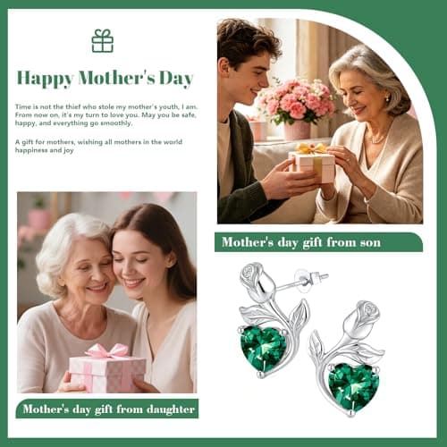 JACUPO 0.8CT Rose Heart Earrings Option of Sapphire Moissanite Stud Earrings Lab-Grown Earrings Birthstone Earrings for Women S925 Sterling Silver Post D Color VVS1 Clarity Ideal Gift for Wife Mother for Birthday Anniversary Valentine's Day Conveying I Love You Message (May Emerald Silver) - Thumbnail 4