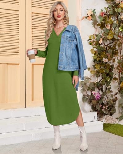 MISFAY Fall Maxi Dresses for Women 2026 Casual V Neck Long Sleeve Split Dress Loose Shirt Dress Solid Outfits with Pockets(Army Green,S) - Thumbnail 4