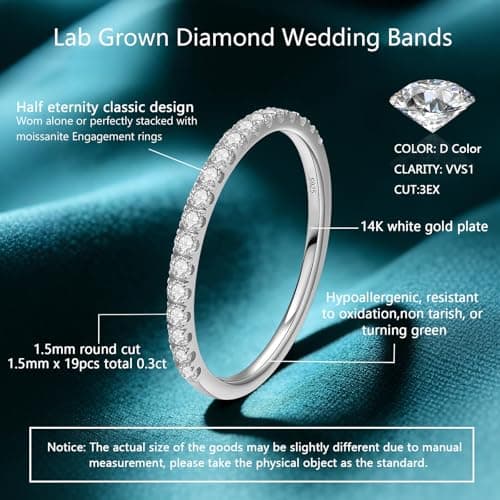 WES Lab Grown Diamond Wedding Bands - 925 Sterling Silver Hypoallergenic Half Eternity 1.5mm Total 0.3ct Round Stackable Lab Grown Diamond Engagement Rings for Women, Size 11 - Thumbnail 2