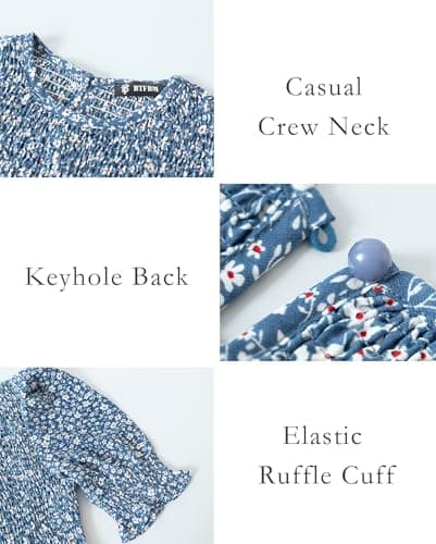 BTFBM Women Casual Summer Dresses 2025 Spring Crew Neck Ruffle Short Sleeve Floral Print Smocked Boho Flowy Maxi Dress(Floral Blue White, Medium) - Thumbnail 5
