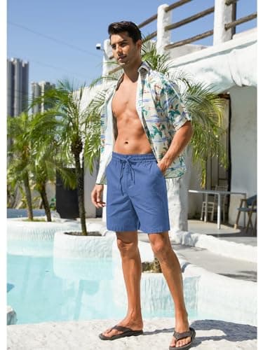 RQP Mens Cotton Linen Shorts Casual Drawstring 7inch Inseam Shorts Stretch Summer Beach Wear,Blue - Thumbnail 3
