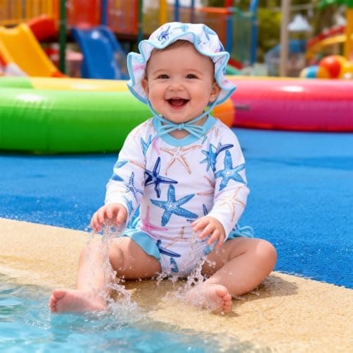 AMAWMW Infant Baby Girl Swimsuit Long Sleeve One-Piece Swimwear with Hat Rash Guard Floral Zipper Bathing Suit Beach Wear - Thumbnail 3