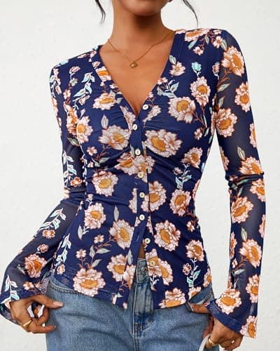 BTFBM Button Down Shirts for Women 2026 Spring Boho Tops V Neck Long Sleeve Blouses Ruched Mesh Fitted Fashion Clothing(Blue, X-Large) - Thumbnail 2