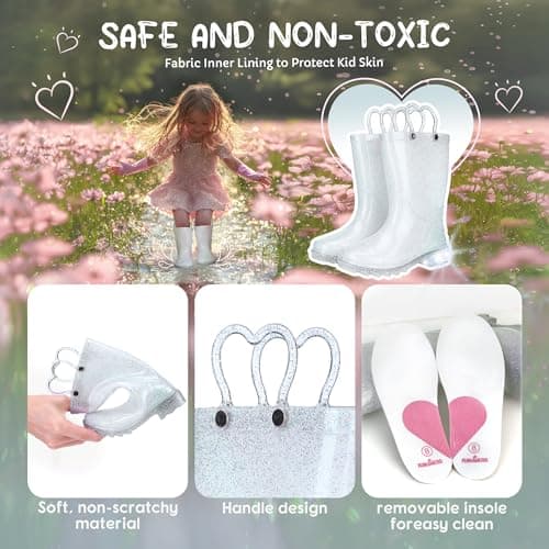 Funspread Girls Rain Boots - Glitter Light Up Kids Rain Boots with Easy-On Handles, Size 2 - Thumbnail 3