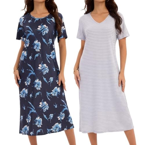 JOYLADY 2 Pack Long Nightgowns for Women Full Length Short Sleeve House Dress Soft Sleepwear Striped Print Mumu Dresses L - Image 1