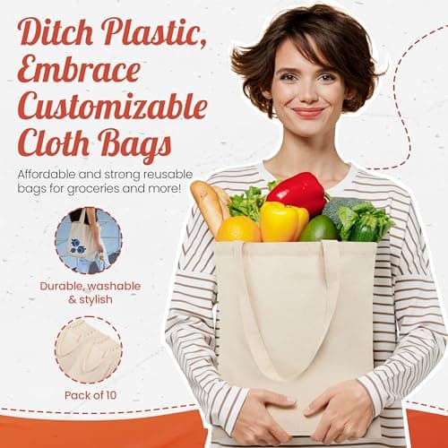 Simply Cool 10-Pack Canvas Tote Bag - Lightweight Tote Bags Bulk, Medium Reusable Grocery Shopping Cloth Bags for Advertising, DIY Projects, Crafts, Painting, Embroidery, Custom Logo - Thumbnail 2