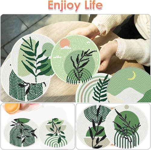 ijbnhd 8 Pcs Leaf Diamond Art Coasters Kit, Leaf Diamond Painting Coasters with Holder, Arts and Crafts Supplies Astral 4X4inch (Cork Wooden Pad) - Thumbnail 2