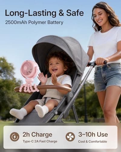 SWEETFULL Portable Stroller Fan, Pinch-Proof Baby Fan, 10H Battery, 5-Speed Quiet Mini Clip on Fan, USB-C Rechargeable with LED Display for Car Seat, Crib & Travel - Pink - Thumbnail 4