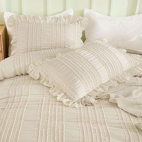WONGS BEDDING Beige Ruffle Queen Comforter,Boho Shabby Chic Bedding for Queen Bed,Soft Seersucker Farmhouse Bedding Set with 1 Ruffled Comforter,2 Tufted Pillowcases 90"×90" - Thumbnail 6