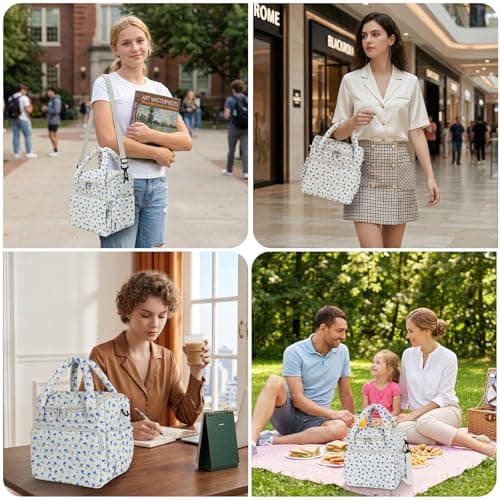 Women's Insulated Lunch Tote Bag - Inch Quilted Lunch Box for Women, Large Waterproof Cooler Bag with Pockets for Work, Picnic, Adult (blue flower) - Thumbnail 6