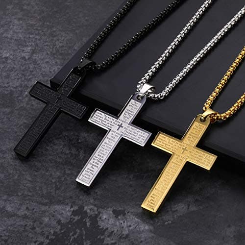 Rehoboth Engraved Bible Verse Our Father Lord's Prayer Cross Pendant Necklace for Men Women 24 Inch Stainless Steel Chain Silver - Thumbnail 4