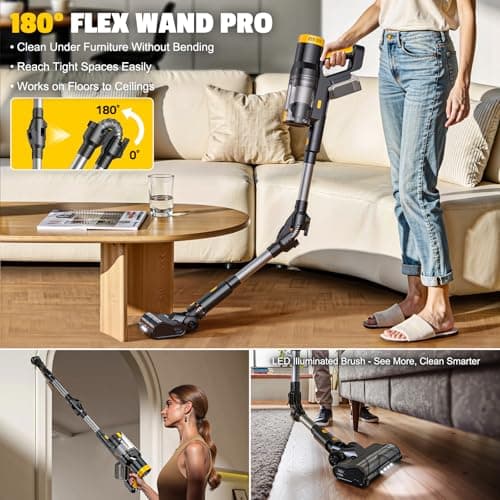 LIVOWALNY Cordless Vacuum Cleaner Compatible with DeWalt 20V Battery, 350W Brushless 40kPa Suction, 0.8L Dual Dust Cup, LED Floor Brush & 180° Flex Wand for Hardwood & Carpet (Battery Not Included) - Thumbnail 3