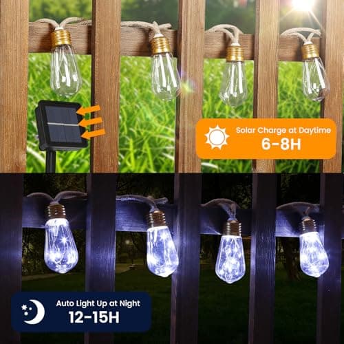 Solar String Lights for Outside, 24FT Vintage Rope Hemp Solar Outdoor String Lights with 20 Shatterproof Bulbs, Solar Powered Waterproof 8 Modes Patio Lights for Garden Fence Balcony Camping - White - Thumbnail 2