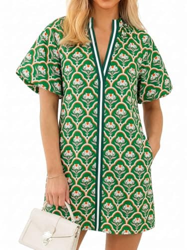 Wenrine Womens Summer Dresses Casual Floral Puff Sleeve V Neck Boho Loose Beach Mini Dress with Pockets Green - Image 1