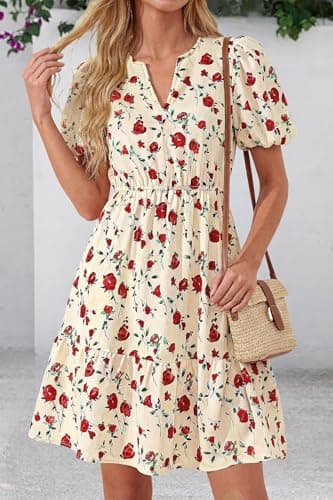 dowerme Women Summer Casual Dresses 2026 Puff Short Sleeve V Neck Floral Boho Midi Dress Flowy Ruffle Spring Sundress(Floral Apricot Red,Medium) - Thumbnail 3
