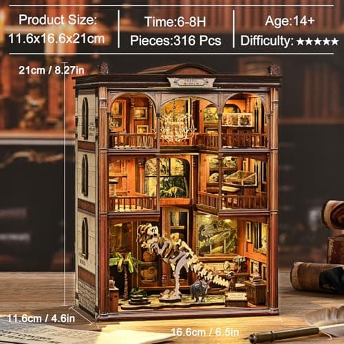 Havefunfun Dinosaur Museum Book Nook Kit - 3D Wooden Puzzle & DIY Miniature Dollhouse with LED Warm Light | Vintage Bookshelf Insert & Sturdy Bookends | Premium Creative Gift for Adults& Book Lovers - Thumbnail 4
