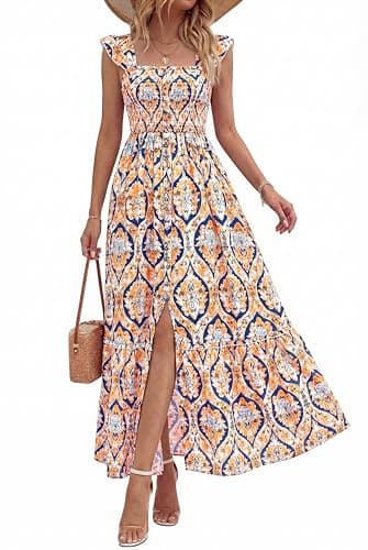 dowerme Womens Summer Maxi Dresses 2026 Casual Ruffle Sleeve Button Smocked Floral Slit Boho Dress Spring Beach Sundress(Blue Geometry,Medium) - Image 1