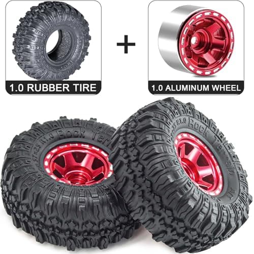 RcThjia 1.0 Beadlock Wheels and Tires Set 57 x 24 mm 1.0 inch Rubber Rock Crawler Tires & Alloy Blade Wheels for 1/18 1/24 Axial SCX24 TRX4M Gladiator Bronco C10 JLU Deadbolt RC Crawler Upgrade (Red) - Thumbnail 3