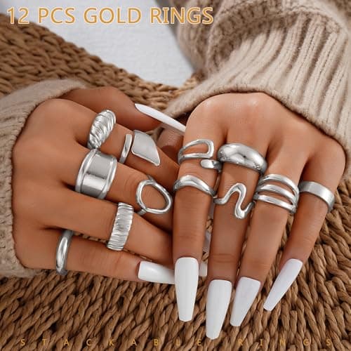 17 MILE 12 PCS Chunky Silver Rings for Women, Statement Open Stacking Rings, Stackable Knuckle Band Ring Set - Thumbnail 4
