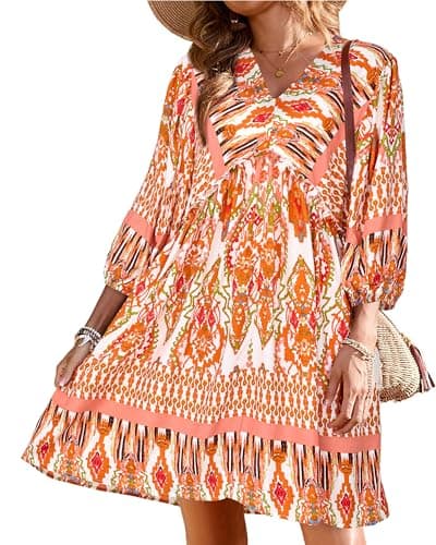 BTFBM Womens Summer Dresses 2026 Casual V Neck 3/4 Long Sleeve Ruffle Floral Flowy Boho Babydoll Mini Spring Beach Dress(Print Orange, Large) - Image 1