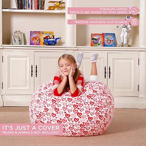 Aubliss Stuffed Animal Bean Bag Storage Chair, Beanbag Covers Only for Organizing Plush Toys, Turns into Bean Bag Seat for Kids When Filled, Medium 32"-Canvas Pattern Heart - Thumbnail 5
