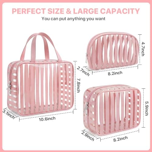 Edelefas 3 Pack Clear Pink PVC Travel Toiletry Bags - TSA Approved Waterproof Makeup Organizer Set with Handle, Striped Cosmetic Pouches for Airplane Gym and Daily Use - Thumbnail 3