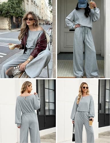 GAMISS Casual Rompers for Women Long Sleeve Lounge Jumpsuits Boat Neck Loose Fit Overalls Airport Travel Outfit Grey S - Thumbnail 3