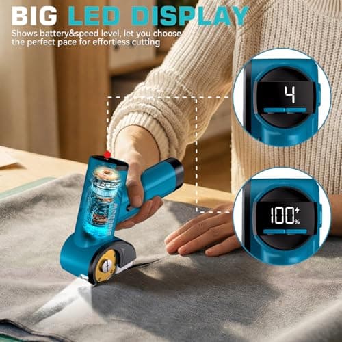 Cordless Electric Scissors, Rechargeable Cardboard Cutter with LED Light, 4-Speed Settings, Safety Lock, 2 Blades, USB-C Battery Powered Box Cutter for Carpet, Leather, Fabric, Packages, Blue - Thumbnail 4