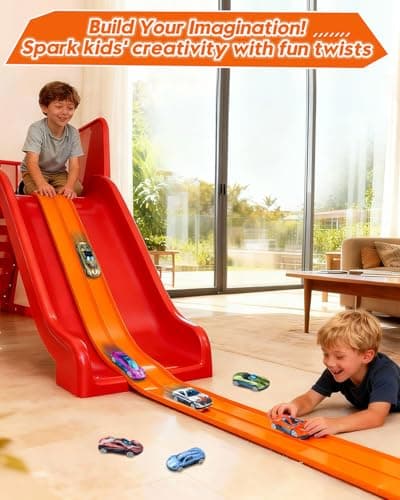15Ft Flex Track Starter Set – Classic Extra Long Bendable Flexible Race Car Track, Rolls Up Racetrack Portable, Compatible with Diecast 1/64 Scale Cars, Kids 3+ Years-Orange - Thumbnail 2