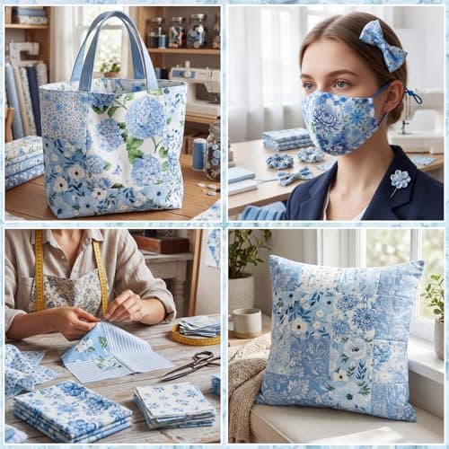 25 Pcs Blue Quilting Fabric Scraps, 10''x10'' Blue Cotton Fabric Squares Vintage Precut Quilt Kits Include Floral Stripes Printed Pattern for DIY Craft Supplies - Thumbnail 5