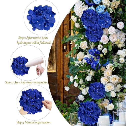 BSMYBO 50pcs Hydrangea Artificial Flowers Royal Blue Faux Hydrangea Flowers Heads with Stems Silk Flowers for Wedding Arch, Table Centerpieces, Home, Garden, Baby Shower, Party Decor - Thumbnail 2