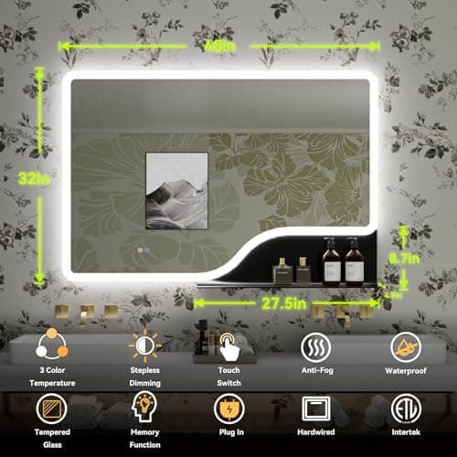 32"x 48" LED Bathroom Mirror with Shelf, 3 Colors Backlit Vanity Mirror with Lights, Wall-Mounted Large Bathroom Mirror with Lights, Smart Mirror with Anti-Fog, Stepless Dimmable, Memory (UL, ETL) - Thumbnail 6