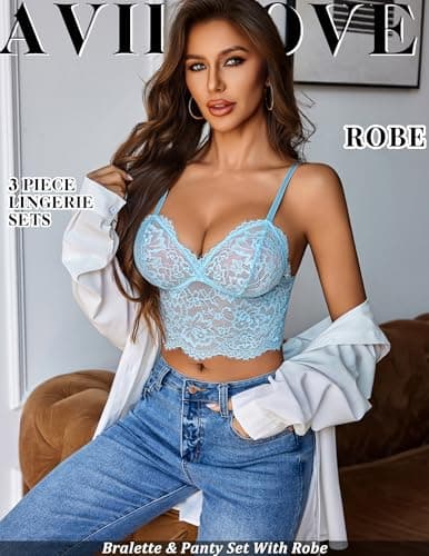 Avidlove Womens Lingerie Set 3 Piece Lace Bralette and Panty Sets With Mesh Short Robe Sleepwear Exotic Nightgown Light Blue - Thumbnail 3